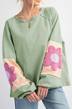 Best Dear-Lover Flower Patchwork Raglan Sleeve Exposed Seam Oversized Top Smoke Green
