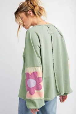 Best Dear-Lover Flower Patchwork Raglan Sleeve Exposed Seam Oversized Top Smoke Green