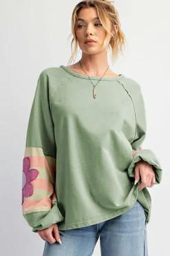 Best Dear-Lover Flower Patchwork Raglan Sleeve Exposed Seam Oversized Top Smoke Green