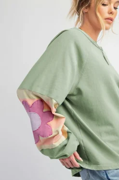Best Dear-Lover Flower Patchwork Raglan Sleeve Exposed Seam Oversized Top Smoke Green