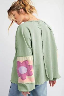 Best Dear-Lover Flower Patchwork Raglan Sleeve Exposed Seam Oversized Top Smoke Green