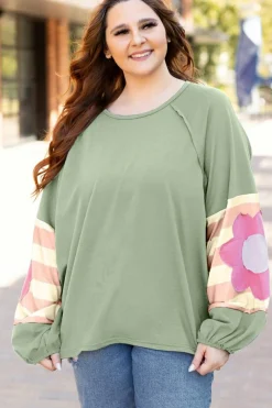 Best Dear-Lover Flower Patchwork Raglan Sleeve Exposed Seam Oversized Top Smoke Green