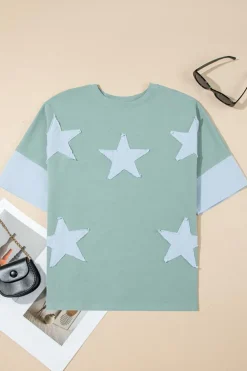 Hot Dear-Lover Frayed Denim Star Patched Oversize T Shirt Smoke Green
