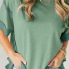 Clearance Dear-Lover Half Sleeve Raw Seam High Low Side Split Top Smoke Green