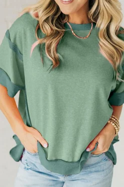 Clearance Dear-Lover Half Sleeve Raw Seam High Low Side Split Top Smoke Green