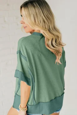 Clearance Dear-Lover Half Sleeve Raw Seam High Low Side Split Top Smoke Green
