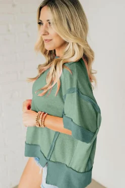 Clearance Dear-Lover Half Sleeve Raw Seam High Low Side Split Top Smoke Green