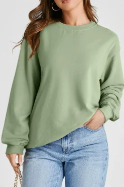Fashion Dear-Lover Plain Drop Shoulder Crewneck Pullover Sweatshirt Smoke Green