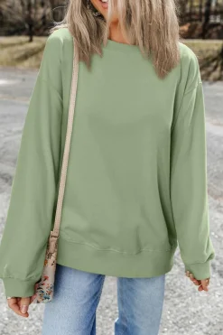 Fashion Dear-Lover Plain Drop Shoulder Crewneck Pullover Sweatshirt Smoke Green
