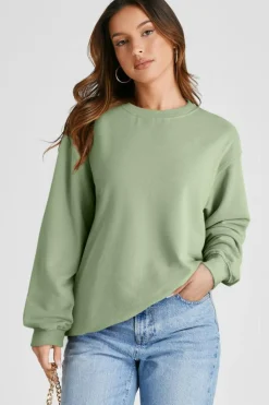Fashion Dear-Lover Plain Drop Shoulder Crewneck Pullover Sweatshirt Smoke Green