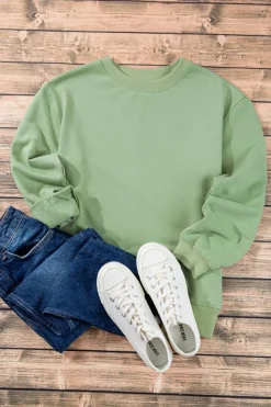 Fashion Dear-Lover Plain Drop Shoulder Crewneck Pullover Sweatshirt Smoke Green
