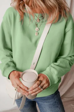 New Dear-Lover Solid Fleece Lined Drop Shoulder Terry Sweatshirt Smoke Green