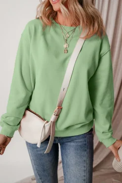 New Dear-Lover Solid Fleece Lined Drop Shoulder Terry Sweatshirt Smoke Green