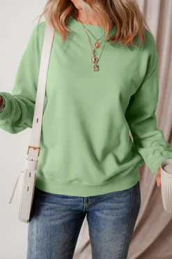New Dear-Lover Solid Fleece Lined Drop Shoulder Terry Sweatshirt Smoke Green