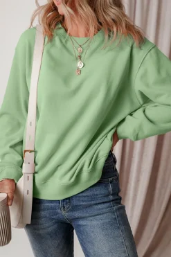 New Dear-Lover Solid Fleece Lined Drop Shoulder Terry Sweatshirt Smoke Green