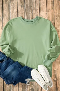 Best Dear-Lover Solid O Neck High Low Hem Pullover Sweatshirt Smoke Green
