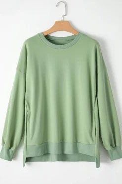 Best Dear-Lover Solid O Neck High Low Hem Pullover Sweatshirt Smoke Green