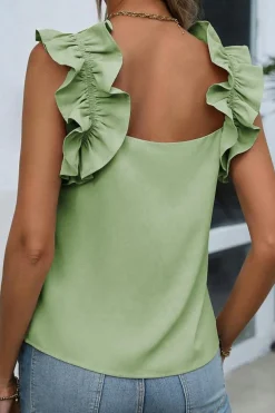 Clearance Dear-Lover Solid Ruffle Trim Sleeveless Top Smoke Green