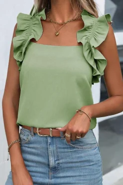 Clearance Dear-Lover Solid Ruffle Trim Sleeveless Top Smoke Green