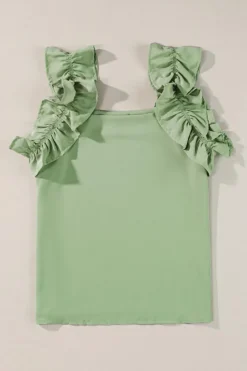 Clearance Dear-Lover Solid Ruffle Trim Sleeveless Top Smoke Green