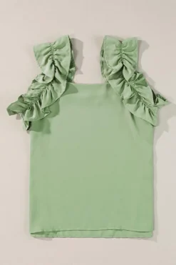 Clearance Dear-Lover Solid Ruffle Trim Sleeveless Top Smoke Green