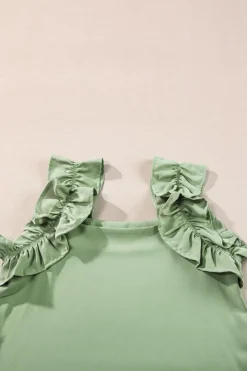 Clearance Dear-Lover Solid Ruffle Trim Sleeveless Top Smoke Green