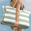 Clearance Dear-Lover Striped Waterproof Canvas Large Capacity Tote Bag Smoke Green
