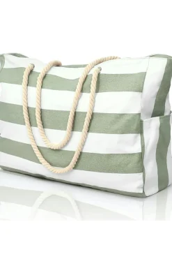 Clearance Dear-Lover Striped Waterproof Canvas Large Capacity Tote Bag Smoke Green