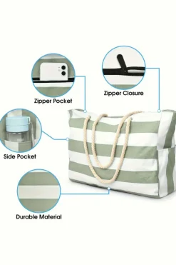Clearance Dear-Lover Striped Waterproof Canvas Large Capacity Tote Bag Smoke Green