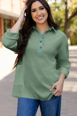 Hot Dear-Lover Waffle Long Sleeve Collar Half Button Loose Top Smoke Green
