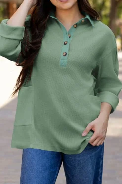 Hot Dear-Lover Waffle Long Sleeve Collar Half Button Loose Top Smoke Green
