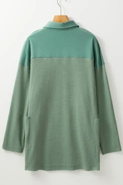Hot Dear-Lover Waffle Long Sleeve Collar Half Button Loose Top Smoke Green