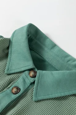 Hot Dear-Lover Waffle Long Sleeve Collar Half Button Loose Top Smoke Green