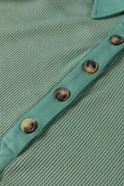 Hot Dear-Lover Waffle Long Sleeve Collar Half Button Loose Top Smoke Green
