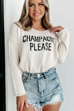 Clearance Dear-Lover Snow Champagne Please Graphic Sweater White