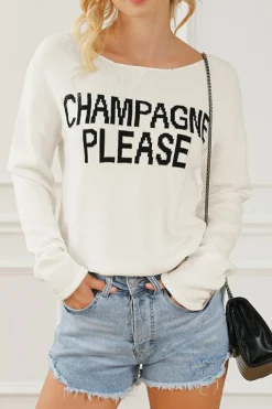 Clearance Dear-Lover Snow Champagne Please Graphic Sweater White