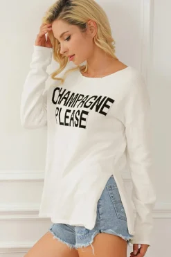 Clearance Dear-Lover Snow Champagne Please Graphic Sweater White