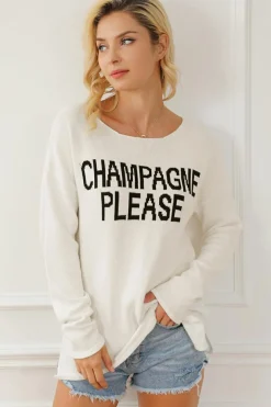 Clearance Dear-Lover Snow Champagne Please Graphic Sweater White