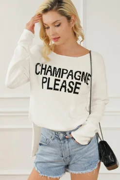 Clearance Dear-Lover Snow Champagne Please Graphic Sweater White