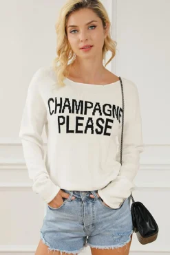 Clearance Dear-Lover Snow Champagne Please Graphic Sweater White