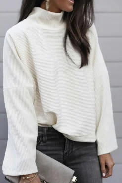 Discount Dear-Lover Snow Ribbed High Neck Drop Shoulder Loose Top White