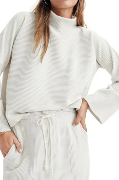 Discount Dear-Lover Snow Ribbed High Neck Drop Shoulder Loose Top White