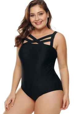 Best Dear-Lover Solid Hollow-out Neck Plus Size Maillot Swimwear Black
