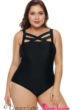 Best Dear-Lover Solid Hollow-out Neck Plus Size Maillot Swimwear Black