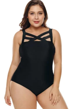 Best Dear-Lover Solid Hollow-out Neck Plus Size Maillot Swimwear Black