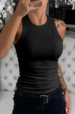 Outlet Dear-Lover Solid Round Neck Ribbed Tank Top Black