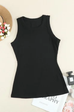 Outlet Dear-Lover Solid Round Neck Ribbed Tank Top Black