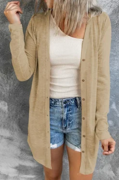 Outlet Dear-Lover Solid Color Open-Front Buttons Cardigan Brown