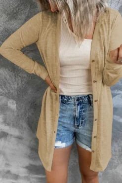 Outlet Dear-Lover Solid Color Open-Front Buttons Cardigan Brown