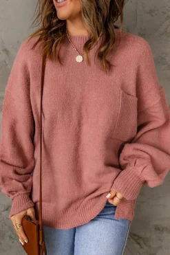 Outlet Dear-Lover Solid Color Puffy Sleeve Pocketed Sweater Fiery Red